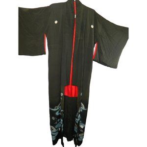 Vtg Silk Japanese Kimono Charcoal Gray Black Red Lining Water Scene Read Descri